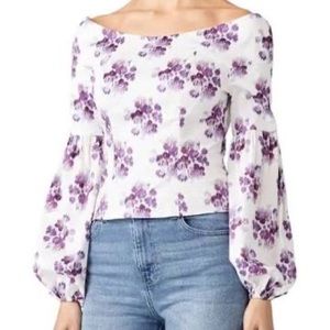 AMUR Floral Shanae Top White Purple Puffed Long Sleeves Bodice Boat Neck Medium